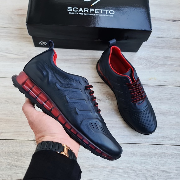 Dark Blue Leather Sneakers for Men with Red Details - Picture 3 of 4